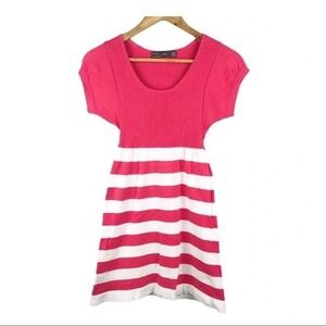 Zara‎ Pink Stripe Ribbed Knit Tunic Top Short Sleeve Fitted Size M